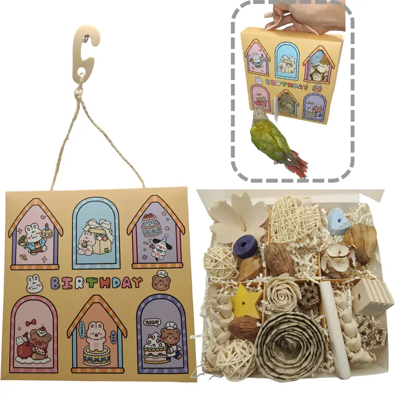 6-Door 6-Grid Bird Birthday Foraging Box - Natural Chew Toy, Floral Bird Toys with Sola Flowers, Wood Blocks, Treats, Versatile Hanging System, Engaging Interactive Pet Supplies Birthday Gift