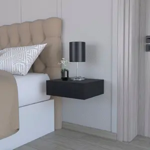 Isola Honed Black Bedside Table - Indoor Furniture with Hidden Storage Drawers, Floating Shelf Design for Bedroom Use, Floating Shelf Bedside Tables, Hidden Storage Drawers Bedside Tables