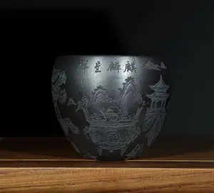 Yixing Raw Ore Stone Yellow Clay Handmade Zisha Master Cup with Qilin Blessing Engraving, Capacity 230CC
