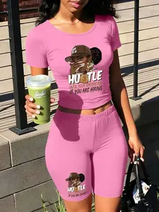 Personalized print patterns Two-Piece Set Women's Lip Print Short Sleeve Crop Top & Skinny Fitted Jumpsuit, Casual Fashion Cozy Round Neck Tee & Jumpsuit for Daily Outdoor Wear, Ladies Clothes for Spring, Overalls