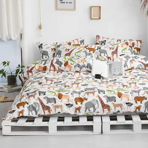 Safari Kids Duvet Cover Set Twin, 100% Cotton Bedding for Boys Girls Teens Single Bed, Animal Lion Elephant Rhino Giraffe Zebra Pattern on White, 1 Comforter Cover 2 Pillowcase (Twin, Zoo)