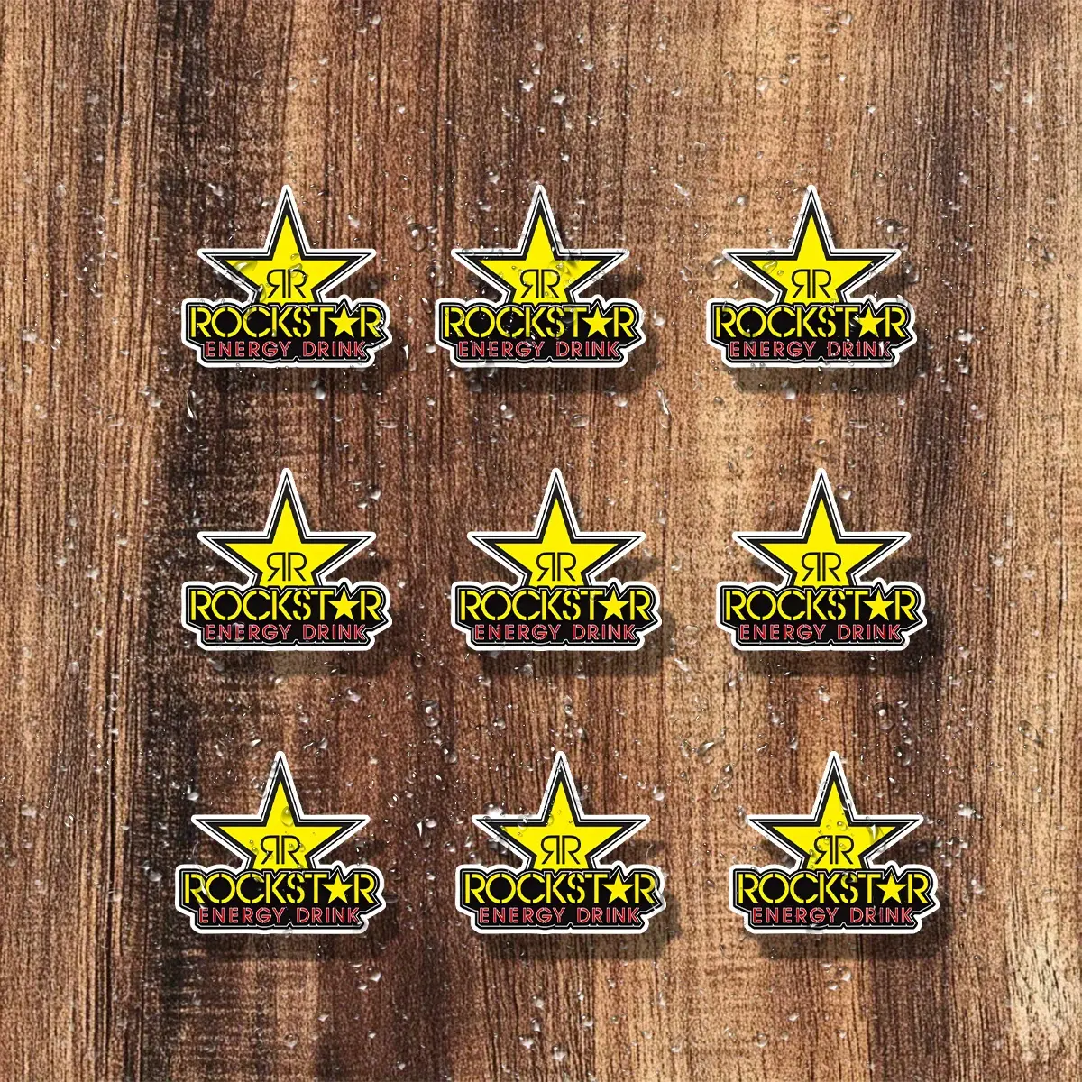 9PCS/SET Eye-Catching Trendy Energy Drink Brand-Style Rockstar Logo Sticker For Backpacks, Skateboards, Car Interiors Five-Point Star Brand Logo Decor Fill With Trend Player Dynamic Passionate Vibe Easily Grasp Trend Brand Trend Style