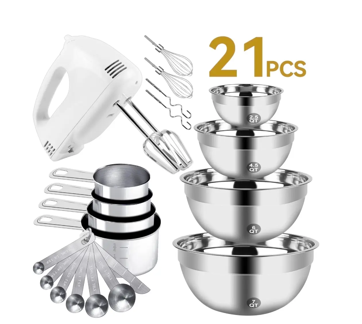 Electric Hand Mixer Mixing Bowls Set, Upgrade 5-Speeds Mixers with Silver Nesting Stainless Steel Mixing Bowl, Measuring Cups and Spoons Whisk Blender - Baking Supplies for Cooking