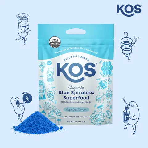 KOS,  Blue Spirulina Superfood Organic Powder - Powerful Antioxidant & Nutrient Boost, Vibrant Natural Color, Energy & Protein Source, USA Made, GMP & NSF Certified