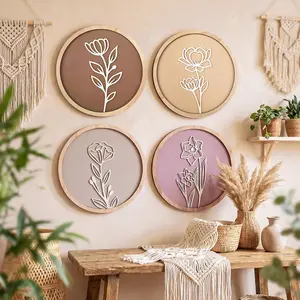 AceOrbit 4 Pcs Wooden Floral Bathroom Wall Decor 3D Neutral Flower Earth Tones Wall Boho Art Botanical Farmhouse Bathroom Decorations for Living Room Bedroom Office Home Decorations