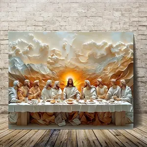 2D Flat Painting, 1 Piece<The Last Supper> Religious Painting--Jesus and Disciples Biblical Scene--Wooden Frame Canvas Wall Art, Warm Golden Tone--Christian Home Decoration Suitable for Living Room, Bedroom, Kitchen, Bathroom--Easter, Wedding, New