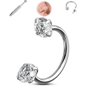 Horseshoe Nose Rings Studs, 20G Internally Threaded Nose Rings For Women, 316L Surgical Steel Double Cubic Zirconia Nose Studs, Lip Eyebrow Helix Ear Piercing Jewelry
