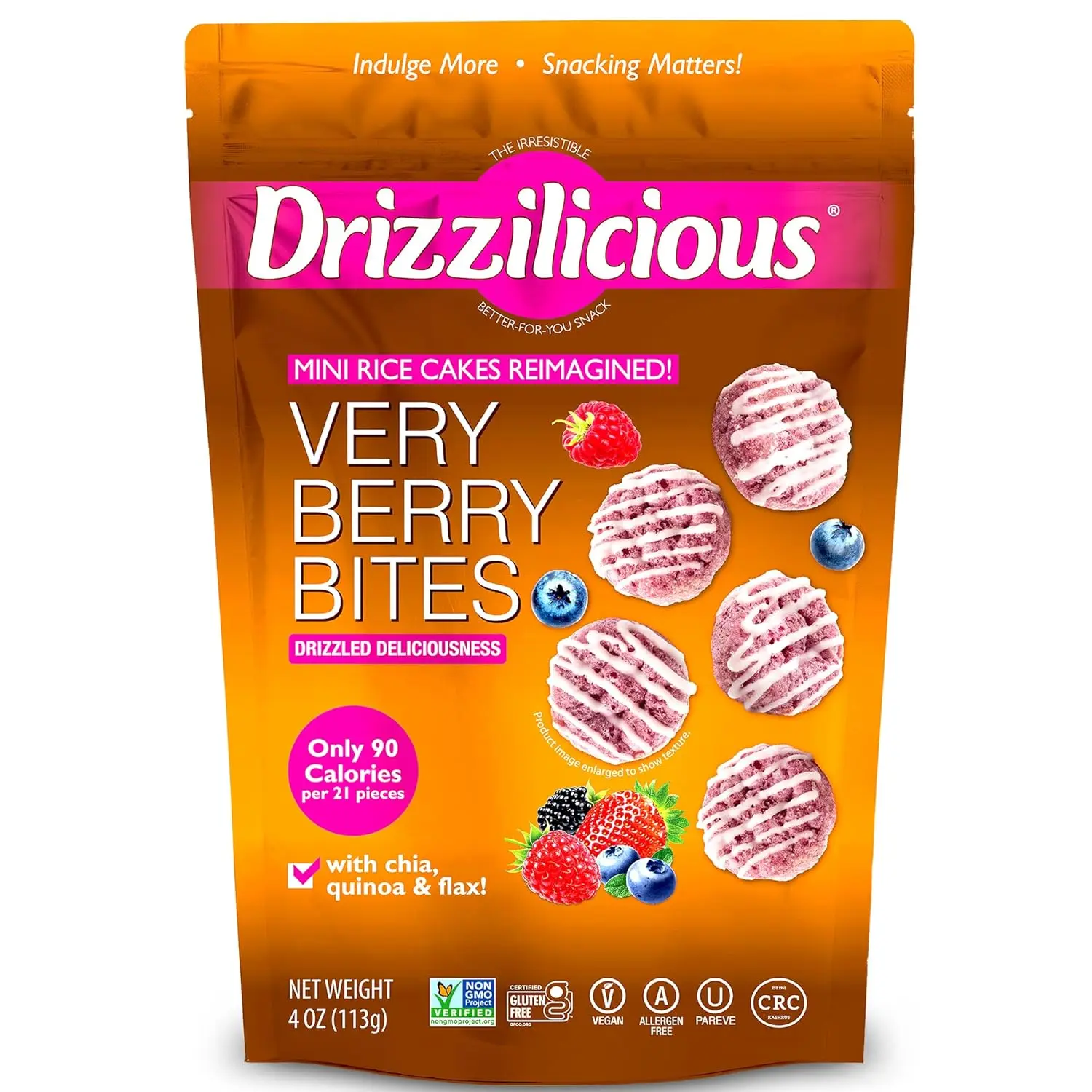 Drizzilicious Mini Flavored Rice Cakes Very Berry - Rice Crisps, Healthy Snack for Adults and Kids, Vegan, Gluten Free Snack, Allergen Free, Only 90 Calories Per 21 Pieces - 4 oz (Pack of 1)