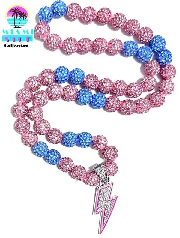 Iced Bling Disco Ball Rhinestone Crystal Bead Baseball Necklace Miami Vice Blue Pink Lightning fashion jewelry