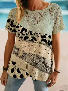 Spring and summer style, a bow collar diamond hollow bat shoulder short sleeve loose, collision color leopard print splicing print short sleeve ladies print knit blouse, holiday style, casual and elegant commuting, women's vest blouse, bikini blouse, Tops