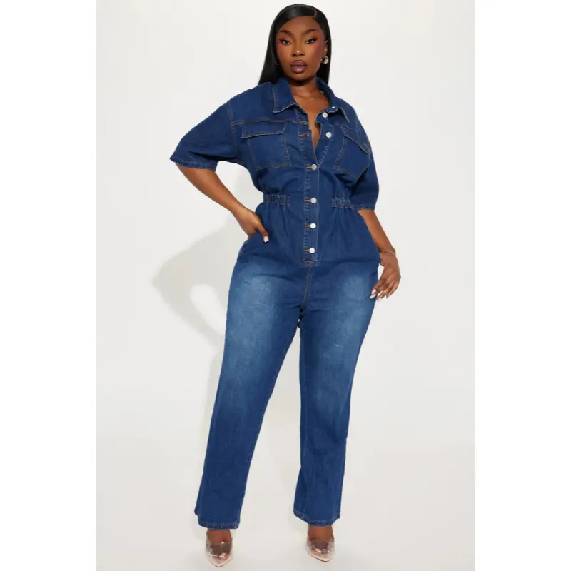 Summer Spring Women's One Piece Slim Fit Denim Jumpsuit Turn Down Collar Short Sleeve Long Pants Straight Overalls Tight High Waist Rompers Minimalist Basic Dark Blue