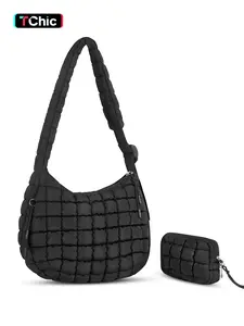 Women's Quilted Hobo Shoulder Bag, Adjustable Strap Crossbody Handbag, Casual Crossbody Bag, Long Strap Fluffy Bohemian Style, Detachable Small Pocket Design, Crossbody Purse
