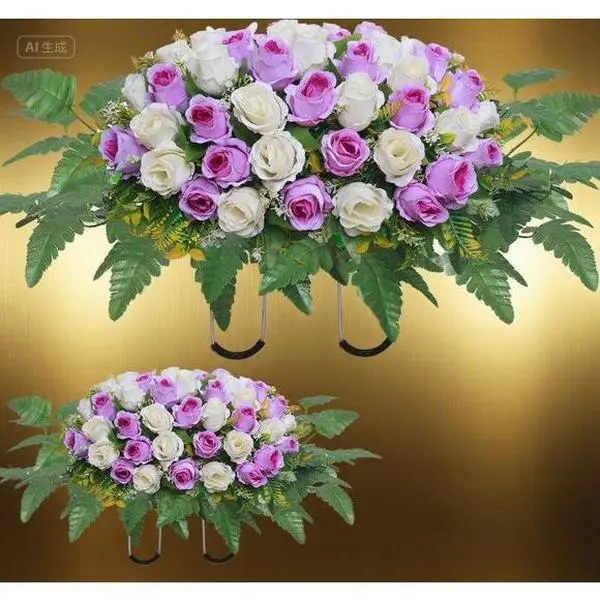 Purple and White Artificial Roses Memorial Floral Arrangement for Graves, Headstone Decor with Vase, Durable Outdoor Cemetery Tombstone Saddle, Weather-Resistant Grave Marker Accent with Decorative Fruit Plant Ornaments, Mixed Flowers