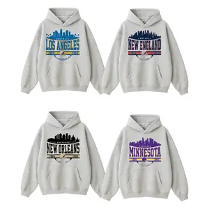 Classic Retro Ash Grey Football Hoodie with Los Angeles New England New Orleans Minnesota City Skyline Design