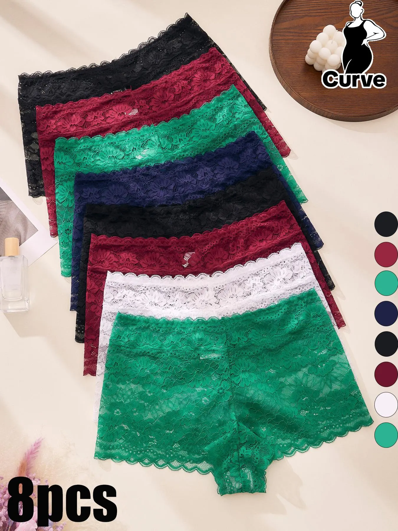【Plus Size】 Solid Color Lace Boyshorts, Soft Comfy Breathable Casual Panty for Daily Wear, Women's Underwear for All Seasons, Womenswear, Soft Fit Panty, Soft Knicker