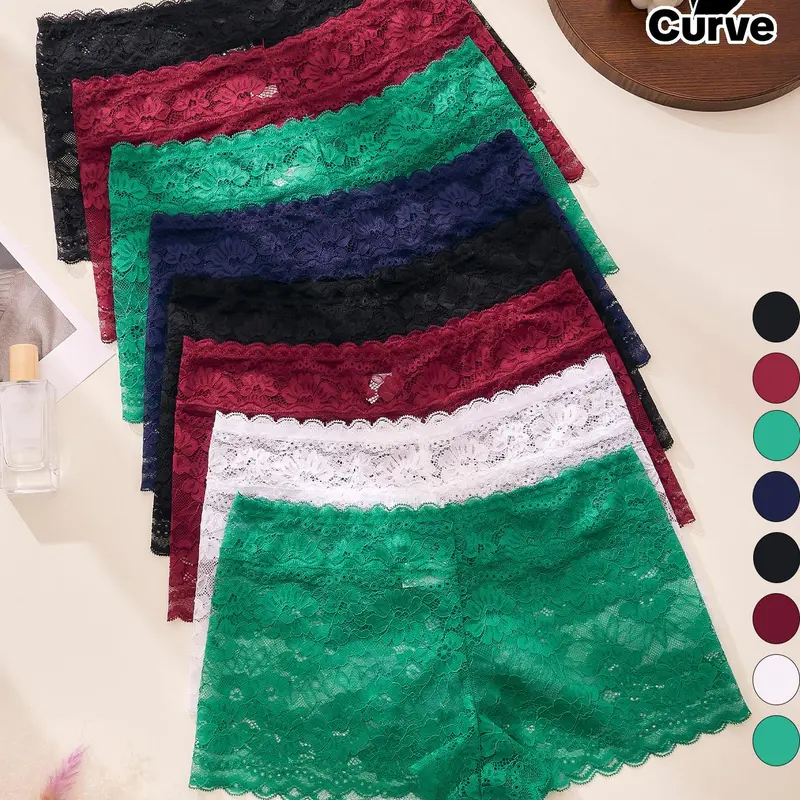[Plus Size] Solid Color Lace Boyshorts, Soft Comfy Breathable Casual Panty for Daily Wear, Women's Underwear for All Seasons, Womenswear, Soft Fit Panty, Soft Knicker, Breathable Comfy Innerwear