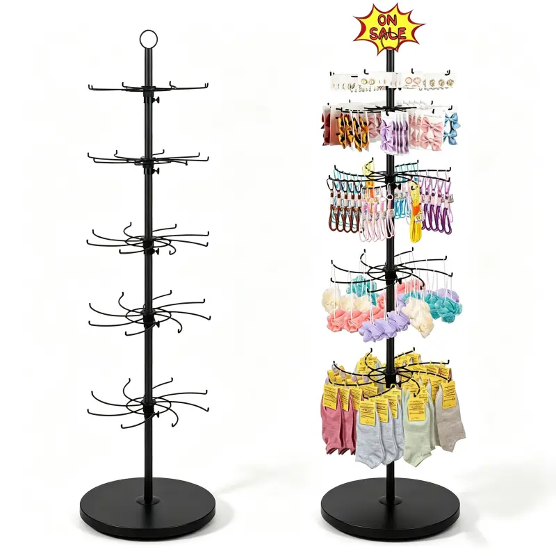 Retail Display Stand, 3/5-Tier Rotating Display Rack for Store Display, Rolling Freestanding Vendor Stand with Lockable Casters and Advertising Clip,Movable and Adjustable Spinning Display Stand for Earrings, Jewelry, Keychains, Socks Display