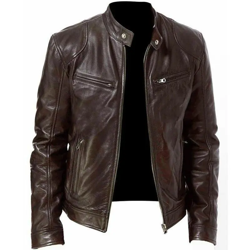 Men's Leather Jacket Men Youth Stand Collar Punk Motorcycle Menswear Coats