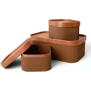 Fluted Cardboard Storage Baskets with LeatherLike Lids Sturdy Stackable Paper Boxes Decorative Tray Chocolate Brown Set of 3