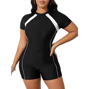 Women's Plus Size Colorblock Full Zip Short Sleeve One Piece Swimsuit
