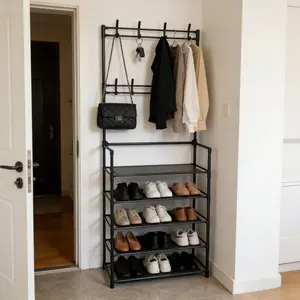 Five-tier Black Household Coat Rack Multifunctional Storage Shoe Cabinet & Multi-layer Equipment Rack for Home Bedroom Decoration