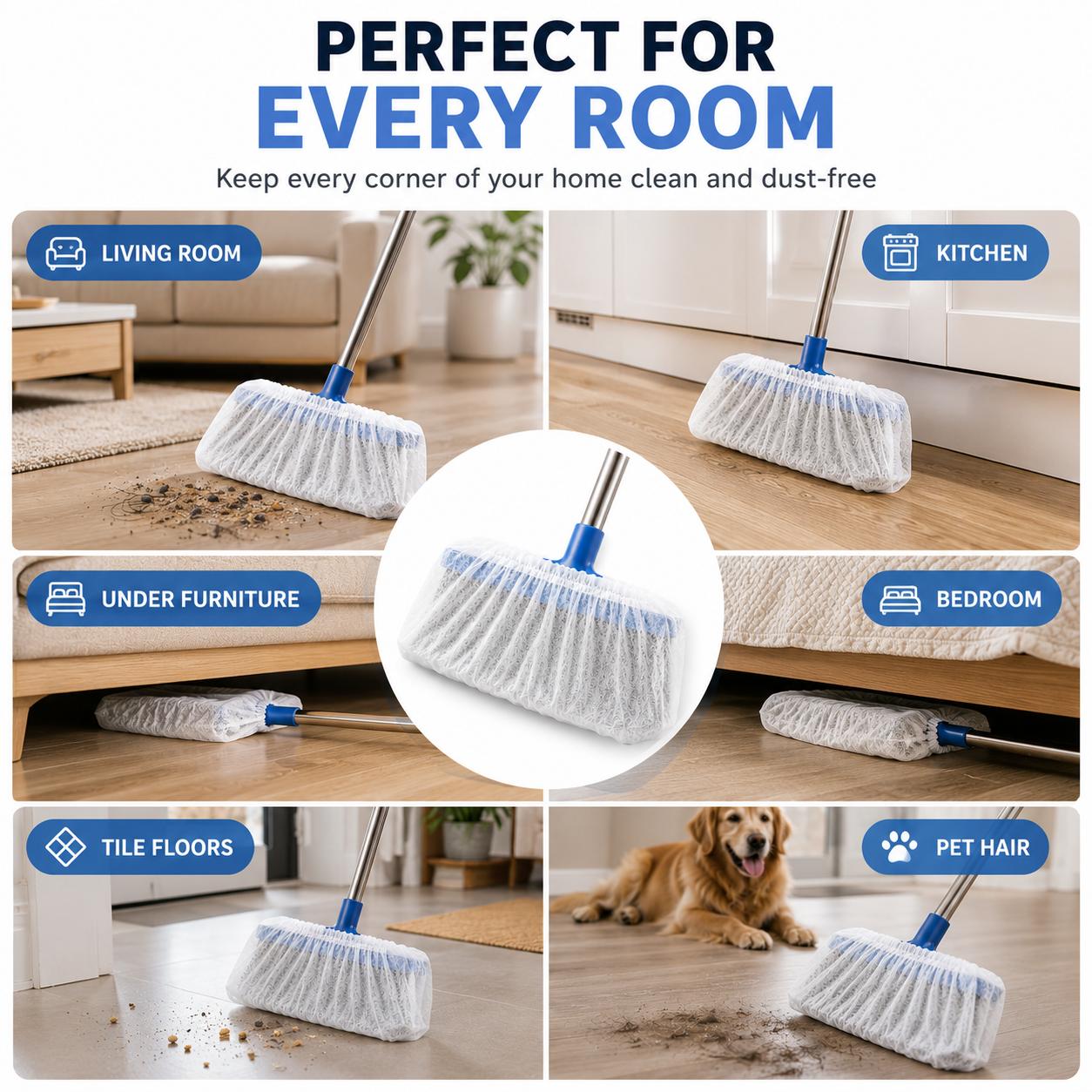 Comparison between an ordinary broom and a broom fitted with a disposable dust cover