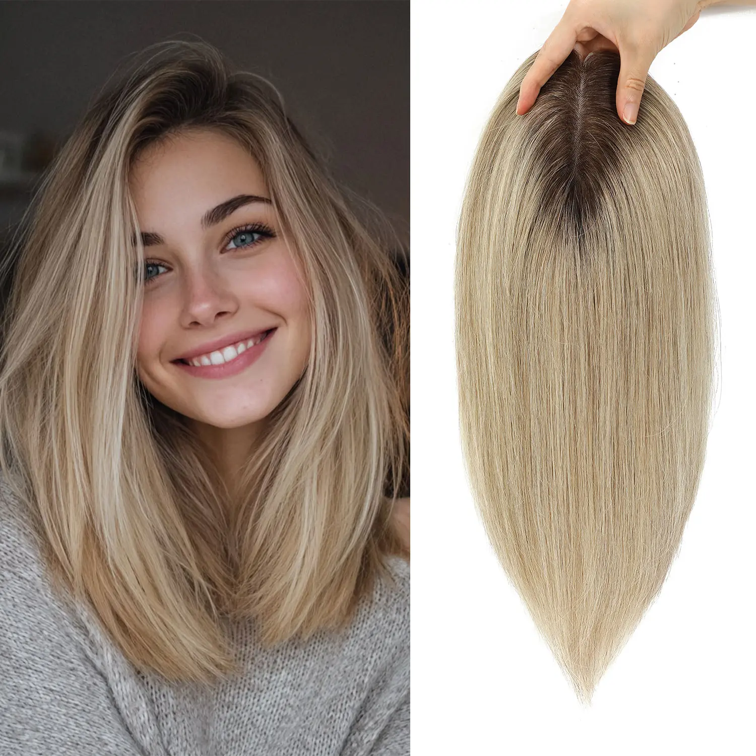 Vasilia Crown 12 Inch Rooted Ash Blonde Human Hair Topper With 5.9*5.1 Inch Soft Base, Comfortable 60g Hair Piece To Cover Thin Top Hair, Natural Blend Daily Wear Hair Topper For Ladies
