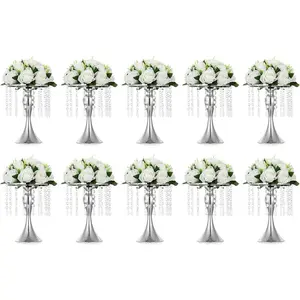 10 Pcs Tabletop Metal Wedding Flower Vase, 10.2in/26cm Height Vases for Centers Silver Crystal Flower Stand for Anniversary Ceremony Party Birthday Event Aisle Home Decoration