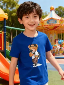 Boys' Single-Piece Short Sleeve T-Shirt Summer Trendy Design, Graphic Printed Tee, Cartoon Bear Print, Casual Loose Fit, Perfect for School & Outdoor Play