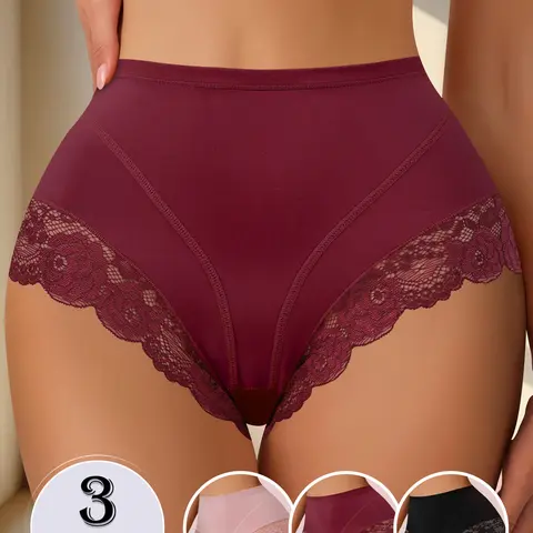 QUASTI Women's High-Waist Ice Silk Briefs - 3-Pack Basic, Sexy Lace-Edged, Seamless, Breathable, Soft, Elastic Panties, 3 Mixed Colors, Fits S-XXL Women for Dailywear