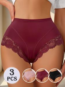 QUASTI Women's High-Waist Ice Silk Briefs - 3-Pack Basic, Sexy Lace-Edged, Seamless, Breathable, Soft, Elastic Panties, 3 Mixed Colors, Fits S-XXL Women for Dailywear summerwins