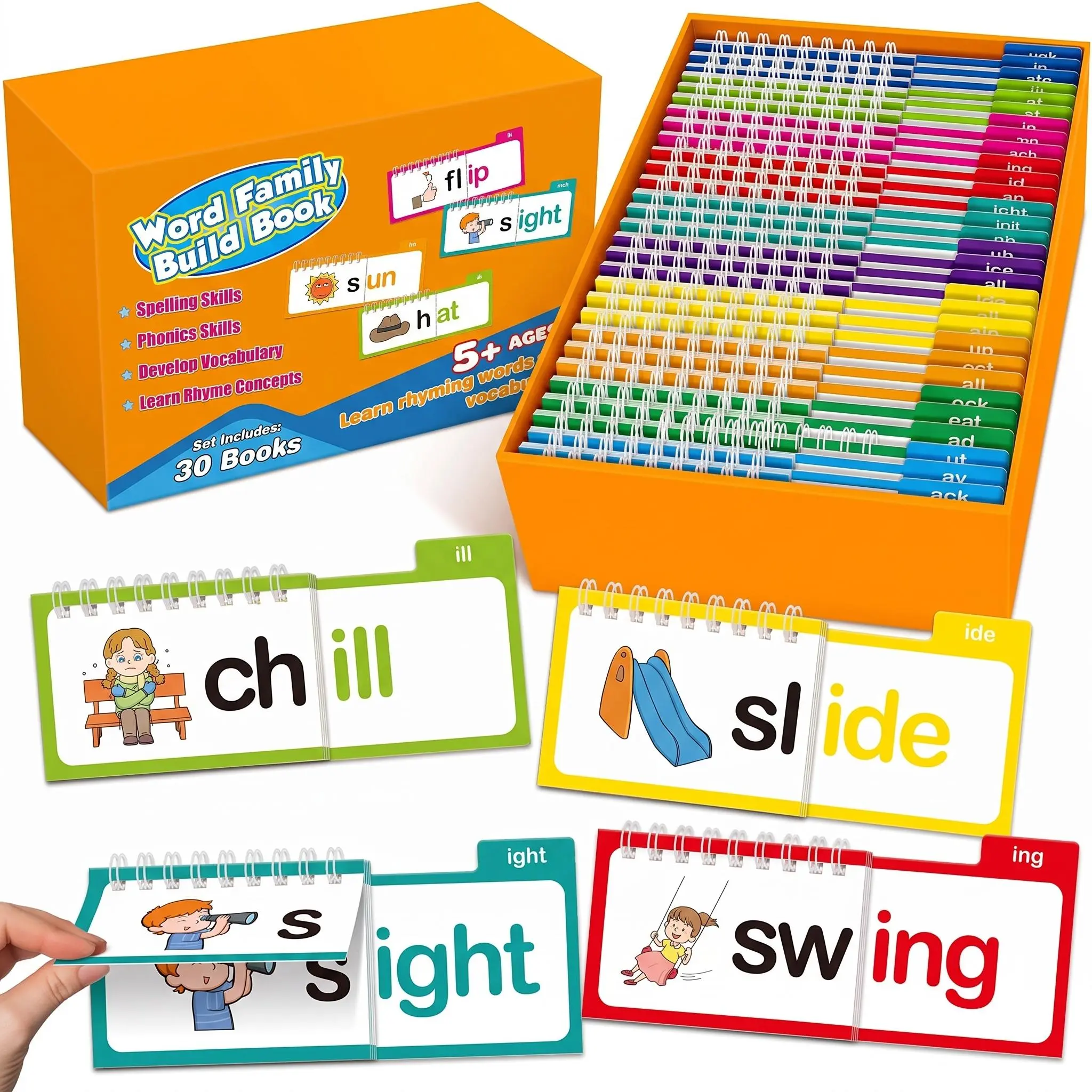 Phonics Flash Cards Word Family Build Book,Learn to Read 30 Read and Rhyme Flip Books,Sight Words Flash Cards Kindergarten Phonics Flip Books for Kids Classroom Homeschool Preschool Learning Activity