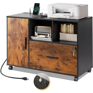 DEVAISE File Cabinet with Charging Station, 1 Drawer Rolling File Cabinet, Locking Filing Cabinet for Home, Wood Printer Stand with Storage Bookshelf