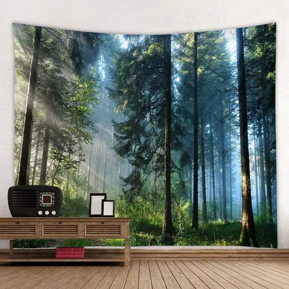 Nature Artistic Forest Linen Print Tapestry - Home Decor Artwork Print Tapestry for Living Room, Bedroom, Machine Washable Indoor Curtain (Morning Forest, 80''L×60''W), Artistic Tapestry Tapestries