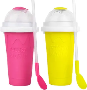 2PC Slushie Maker Cups, DIY Frozen Magic Slushy Cup, Double Layers Silica Smoothie Pinch Ice Cup, Quick Cooling Cups Homemade Milk Shake Ice Cream Maker (Yellow+Pink)