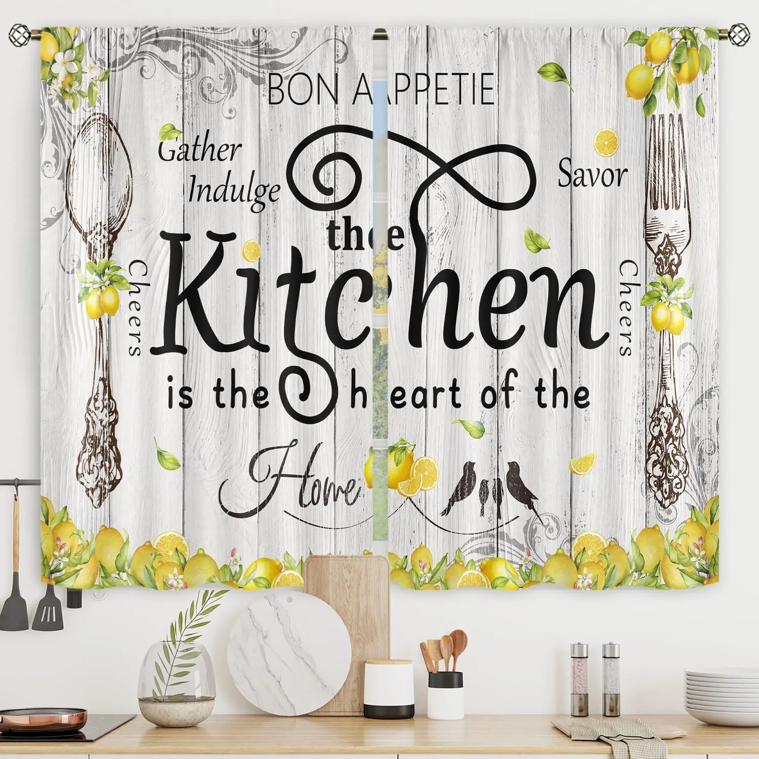 Rustic Farmhouse Yellow Vintage Floral Cafe Curtains - 2 Panels (27.5Wx39H in), Lemon Fruit & Wooden Barn Botanical Rod-Pocket Slide Fabric with Plant Fork & Spoon, Window Drapes for Kitchen Bedroom, Cafe Curtain