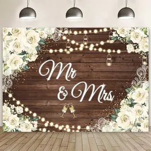 7x5ft Floral Mr and Mrs Engagement Decorations Backdrop White  Wooden Wedding Shower Background Bride and Groom Engaged Ceremony Anniversary Bridal Shower Party Banner Photo Booth Props