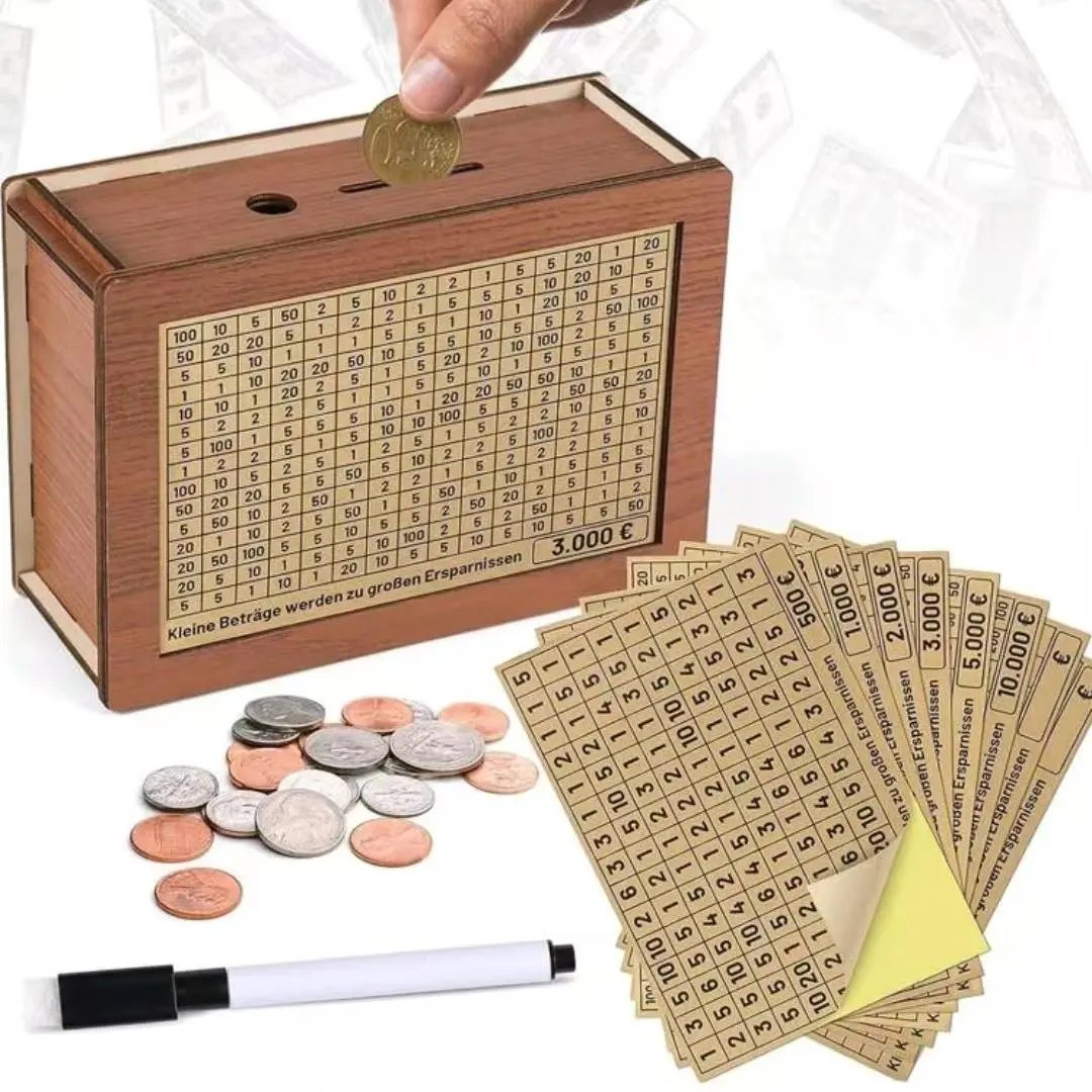 Wooden Piggy Bank Set, Reusable Money Saving Box with Saving Targets & Stickers, DIY Home Decor for Living Room and Bedroom, Ornaments, Wooden Savings Box, Coin Bank, Coin Storage, Saving Challenge Box, Cash Saving Box