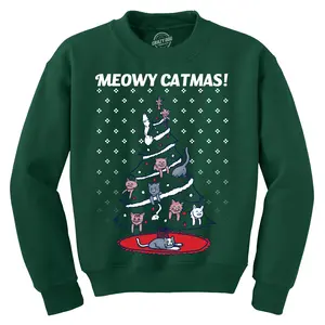 Meowy Catmas Funny Christmas Cat Shirt Novelty Holiday Sweatshirt Graphic Cool Funny Sweater Christmas Crew Neck Funny Cat Long Sleeve Crew Novelty Sweatshirts for Men