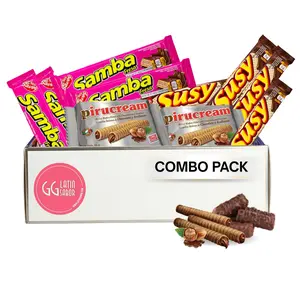 Combo Pack Samba Strawberry - Pirucream - Susy Venezuelan Food; Cookies Wafer Filled with Strawberry, Cookies Wafers, Rolled Wafers Hazelnut Assorted Cookie Individually Wrapped Candies Mix Variety Pack International Venezuelan Snacks