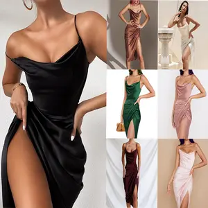 Satin Cowl Neck Midi Dress, Spaghetti Strap Ruched Bodycon Slit Dress, Elegant Cocktail Party Wedding Guest Dress for Women, Y2K Fashion Streetwear