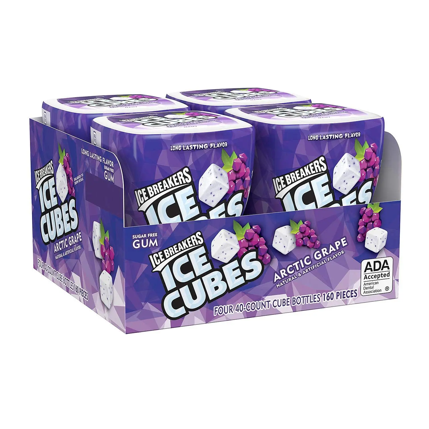 ICE BREAKERS Ice Cubes Sugar Free Xylitol Arctic Grape Flavor Chewing Gum Snack - 3.4 oz Ambient Bottles, 4 Ct, Xylitol Gum, Sugar Free Gum