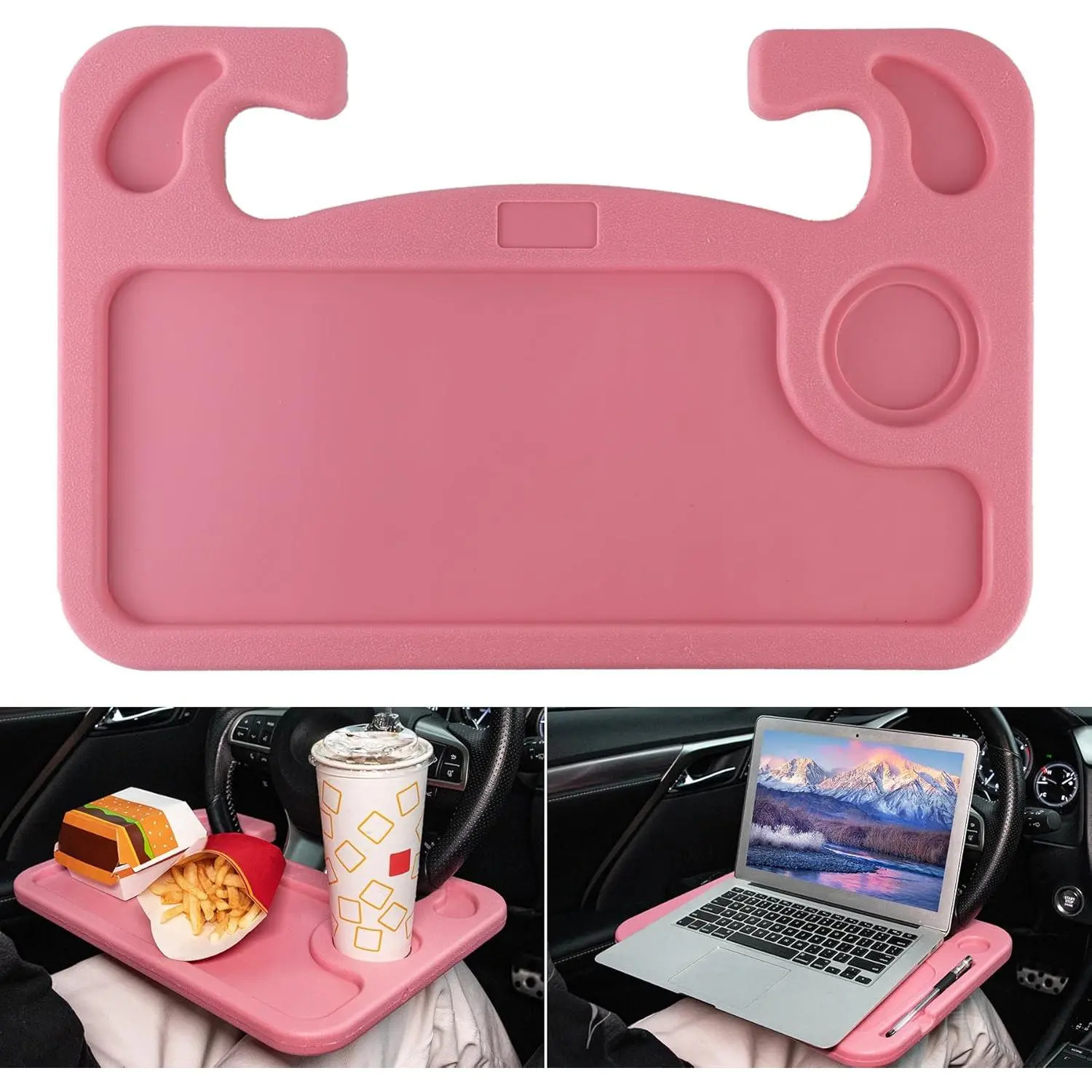 Synthetic Universal Hook-On Car Storage Organizer - Multifunctional Multi-Use Car Interior Accessory, Steering Wheel Desk, Eating Stand Tray, Travel Accessory for Travelers, Supports Devices (Pink), Car Cup Holders
