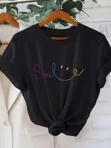 Women Colorful Smile Print Round Neck ShortSleeve Casual T-Shirt White Summer