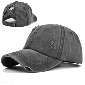 Women's Adjustable Pure Cotton Ponytail Baseball Cap - Hats for Women, Criss-Cross Strap Messy Bun Hat, Distressed Vintage Trucker Style, Breathable, Lightweight, Sun-Protective, Ideal for Outdoor Sports, Everyday Wear