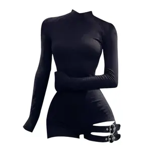 Spring Autumn Winter American Hot Girl Jumpsuit Women's Belted Waist Cinched Long Sleeve T Shirt Style Slim Fit Shorts Womenswear Bodysuits Basic Minimalist
