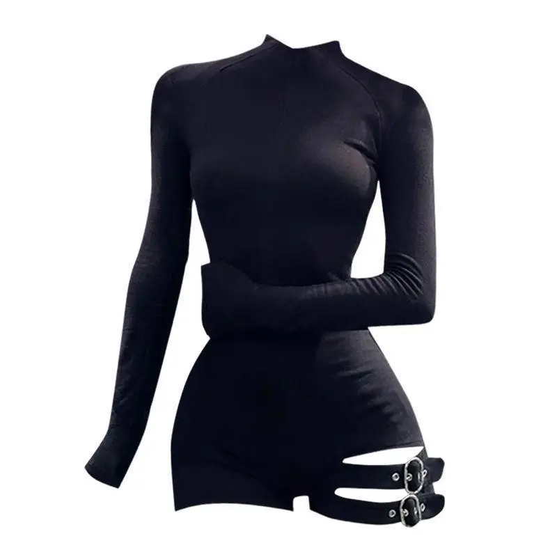 Spring Autumn Winter American Hot Girl Jumpsuit Women's Belted Waist Cinched Long Sleeve T Shirt Style Slim Fit Shorts Womenswear Bodysuits Basic Minimalist