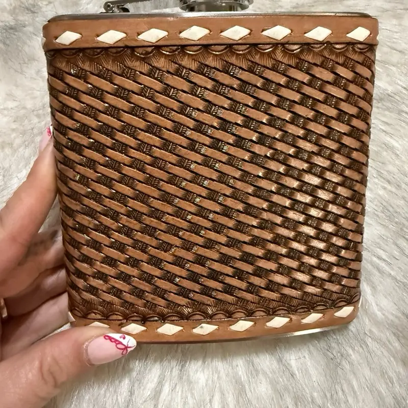 Woven Leather Flask with Tan Stitching and Rattan Texture Unique Design - 16oz