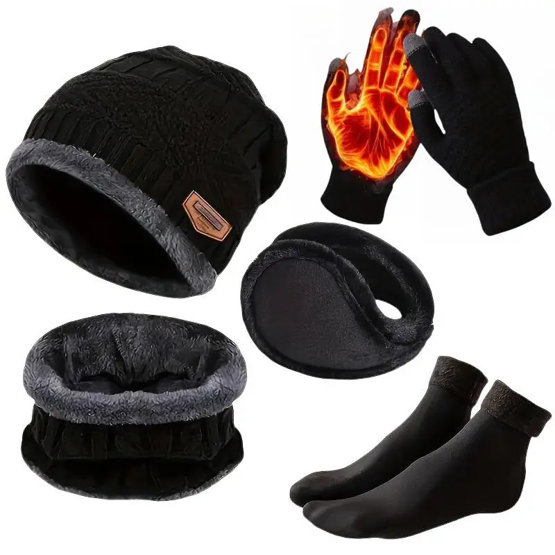 Winter Warm Knitted Set, 5 Counts/set Hat & Gloves & Ear Cover & Neck Gaiter & Socks, Outdoor Sports Accessories for Men & Women