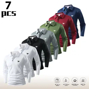 7-pack long-sleeve men’s polo shirts with creative prints—ideal for golf and outdoor casual wear. Comfortable and breathable with a regular fit; suitable for everyday wear, office settings, and multiple occasions.